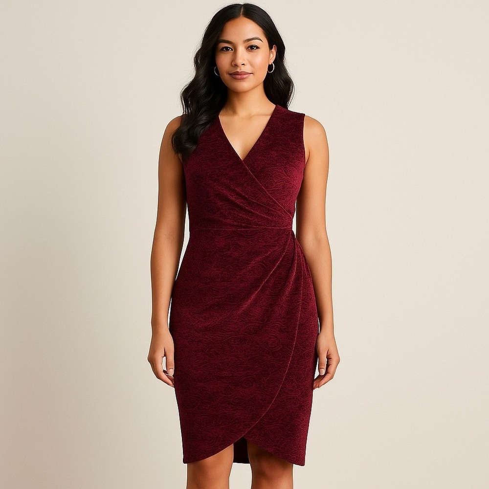 Wrapper Women's M Burgundy Velvet Burnout Tulip‎ Wrap Sheath Dress Cocktail